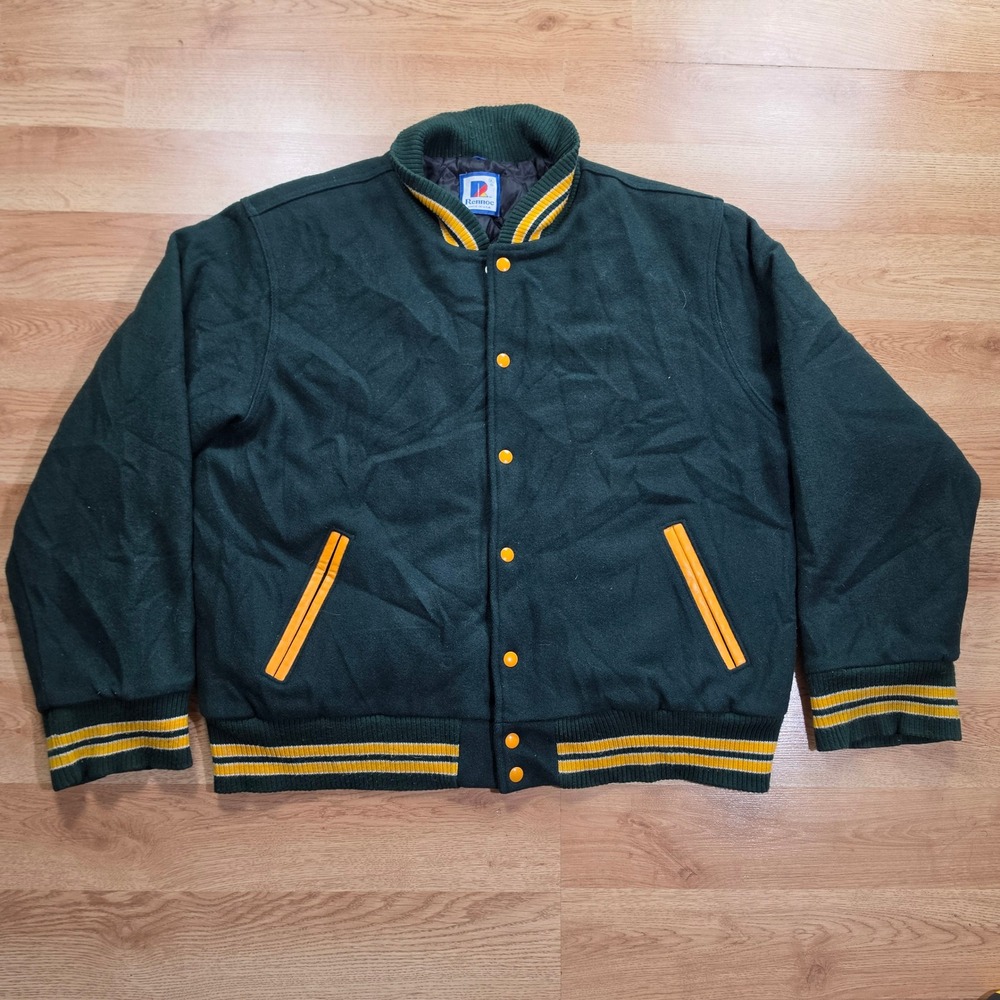 Vintage Rennoc Varsity Jacket Men XL 48 Wool Snap Green Made in USA Packers